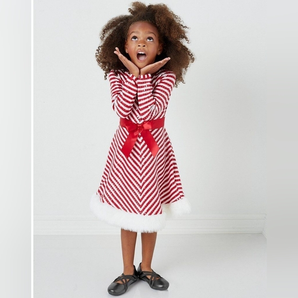 GIRLS BONNIE JEAN RED WHITE CANDY CANDY STRIPED SANTA DRESS  FAUX FUR SIZE  14 - Picture 2 of 8